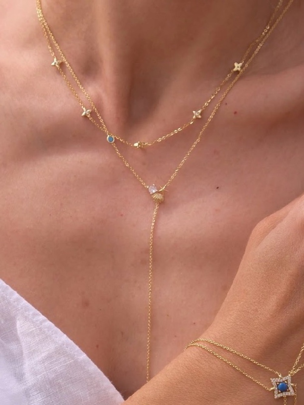Gold Shell & Starfish Lariat Necklace with Turquoise Accents 14k Gold Tone